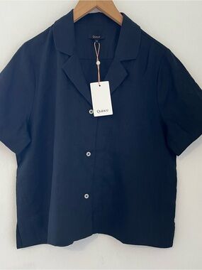 Quince Women's 100% linen Short-Sleeve Button Front Blouse in Navy